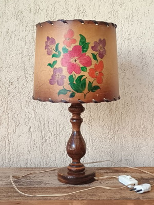 Vintage handmade wooden table lamp with paper shade used