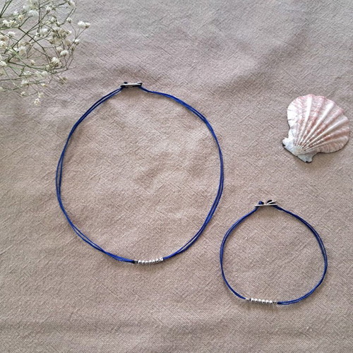 Minimal Necklace with Double Blue Cord and 925 Silver Beads like new