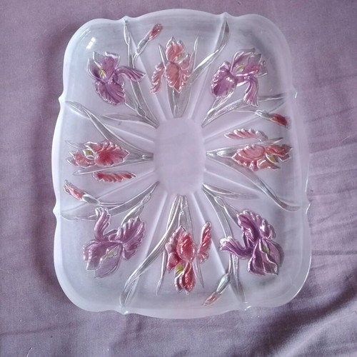 Walther glass platter with purple and rose embossed flowers like new
