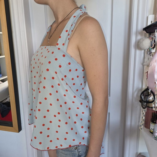 Light Blue Halter Top with Red Polka Dots Used, Size S