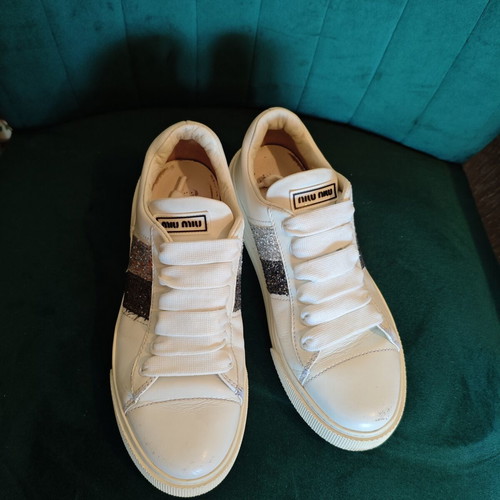 Miu Miu Glitter Stripe Leather Sneakers like new, size 36, white