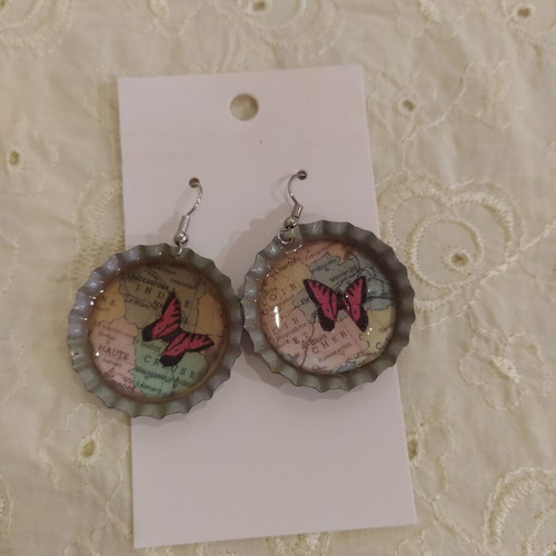 Butterfly Map Bottle Cap Earrings new, colorful