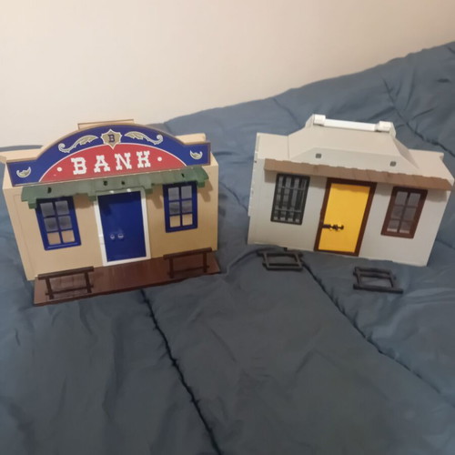 Playmobil bank and sheriff suitcase used