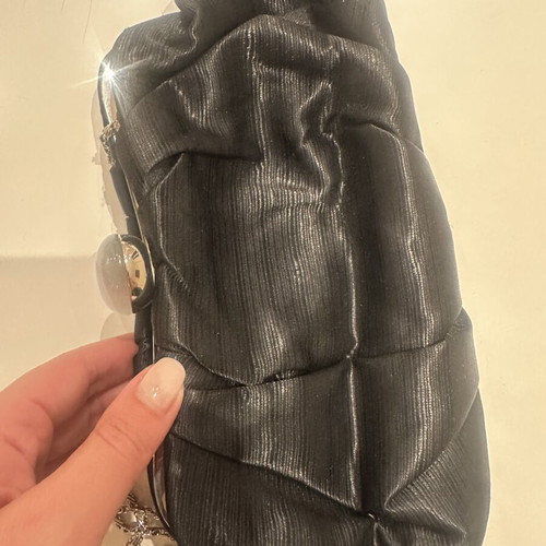 Clutch satin with white pearl and removable silver shoulder chain like new