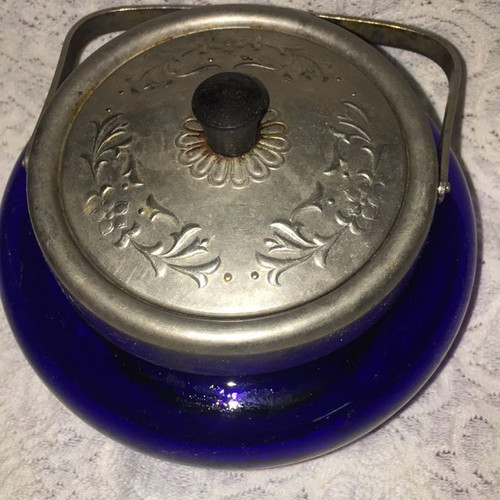 Sugar bowl used blue cobalt vintage with handle and designs