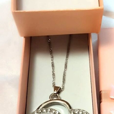 Heart necklace and earrings set with sparkling zircon, silver color, new