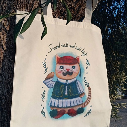 Tsolias Cat Tote Bag, white polyester shoulder bag