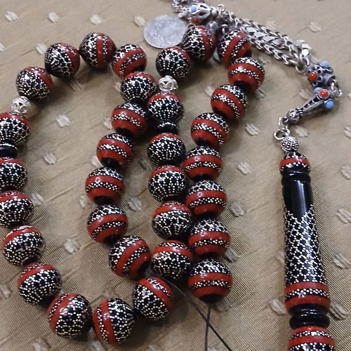 Worry beads black coral and silver with red coral, like new