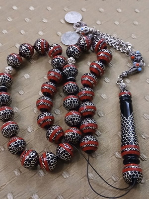Worry beads black coral and silver with red coral, like new