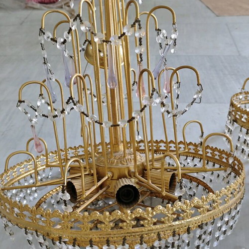Ceiling Chandeliers used, set of 3, gold with fake crystals