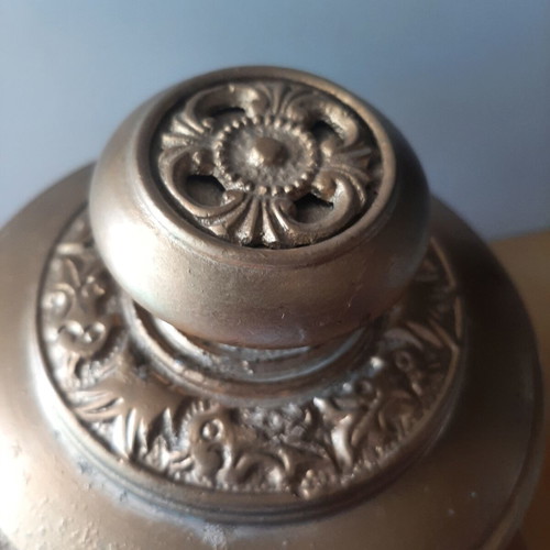 Vintage metal vessel with wooden base used, decorative aroma container