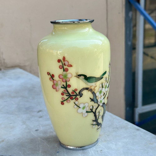 Vintage Japanese Cloisonné Sato vase used with cherry blossom and bird design