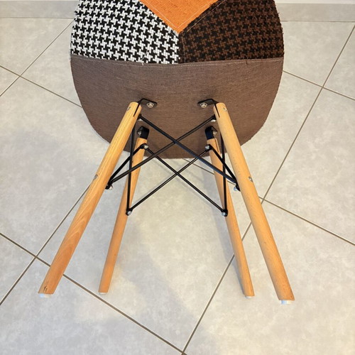 Patchwork fabric chair with wooden legs, used, vintage/scandi style