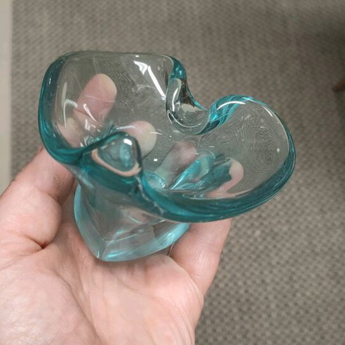 Art Glass Bohemia Bowl Ashtray used, Czech vintage turquoise