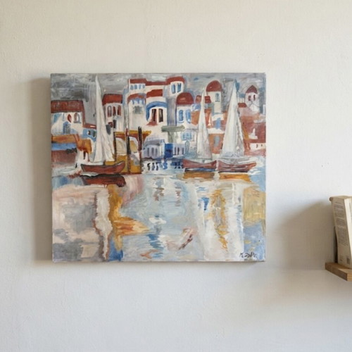 Original Acrylic Painting of Mediterranean Harbor Scene