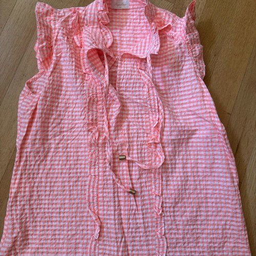 Regalinas checked sleeveless blouse like new with ruffles and tie