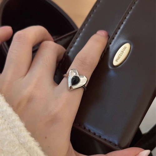 S925 Silver Heart Ring with Black Stone, Adjustable