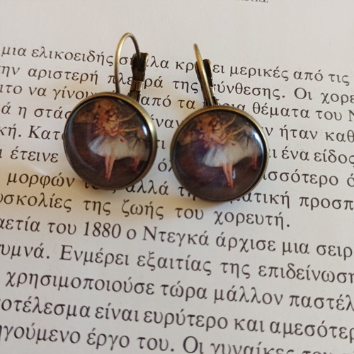 Handmade bronze earrings with Edgar Degas' "The Rehearsal", new, multicolor