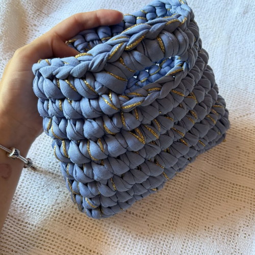Small handmade knitted handbag, blue and gold