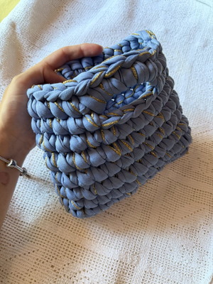 Small handmade knitted handbag, blue and gold