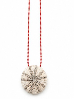 Boho Necklace with Sea Urchin Pendant and Red Beads