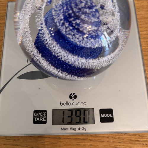 Bohemian Crystal Paperweight with Blue and White Swirls like new