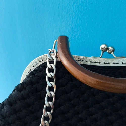 Handmade knitted shoulder bag used, black with wooden handle and chain