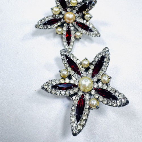 Vintage statement earrings 1950 with burgundy crystals and pearls