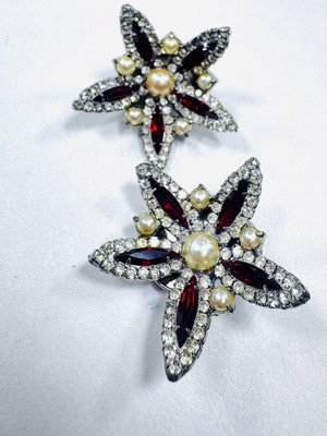 Vintage statement earrings 1950 with burgundy crystals and pearls