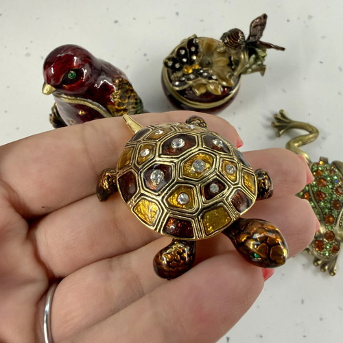Vintage Handcrafted Trinket Box Collection with Bird, Fairy, Turtle & Frog