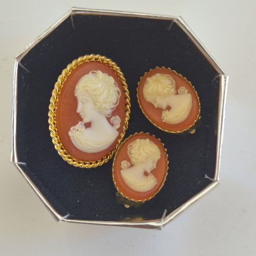 Vintage Cameo Pin and Clip Earrings Set like new