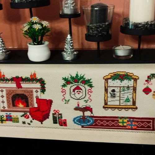 Embroidered Christmas table runner for fireplace, new, beige etamine