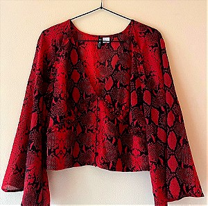 H&M Κόκκινο πουκάμισο με τύπωμα φιδιού και φαρδιά μανίκια