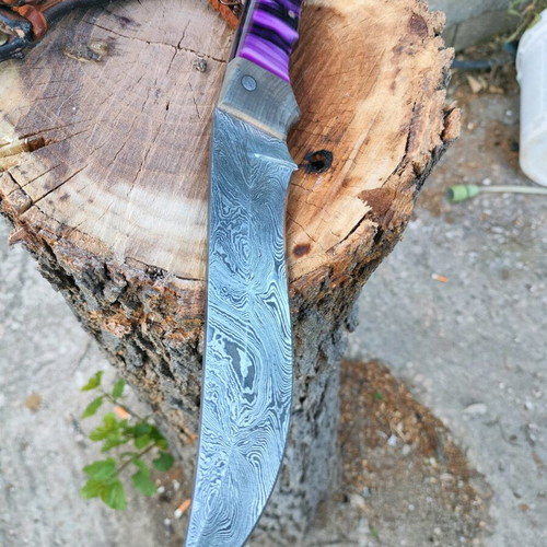 Handmade kukri style hunting knife Damascus steel with leather sheath