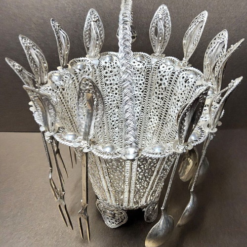 Silver Filigree Sweet Container Set like new, with spoons and forks