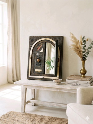 Ethnic Moroccan carved wooden mirror with opening door
