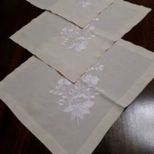 Set of three beige embroidered table linens with roses, new
