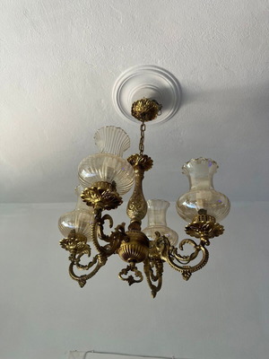 Bronze solid 4-light antique chandelier like new with ochre crystal details