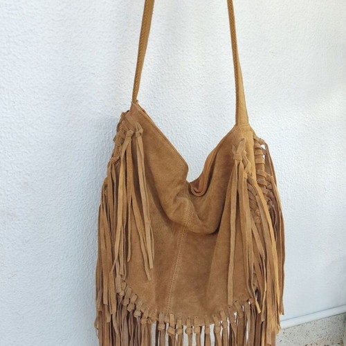 Pull & Bear leather crossbody bag with tassel fringe like new, beige brown