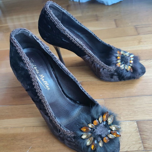 Tsakiris Mallas velvet peep toe heels like new, brown, size 36