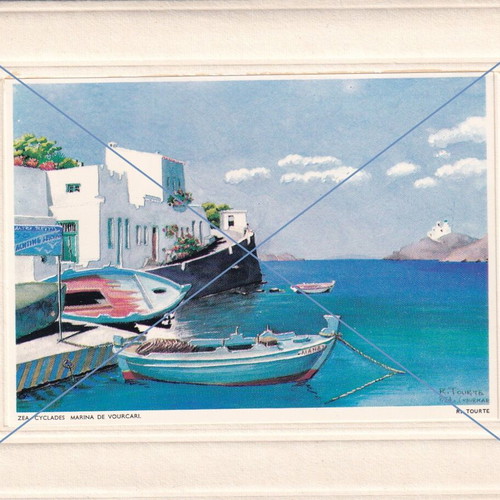 Greeting card used with Roger Tourte artwork Island of Kea Tzia