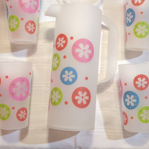 Pitcher set with 4 water glasses used, plastic