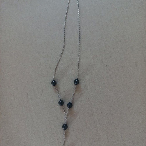 Silver Y Necklace Lariat with Black Beads used