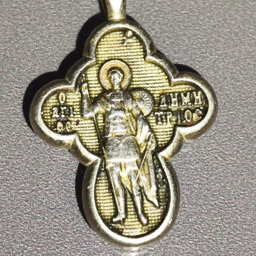 Silver double-sided cross with Saint Demetrios and Crucifix, like new