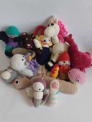 Crocheted toys like new, set of various handmade dolls
