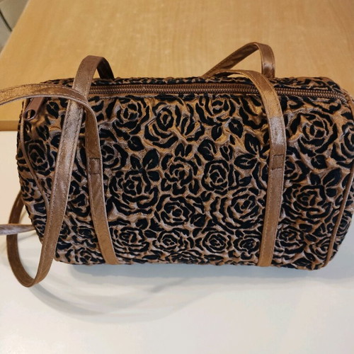 Satin handbag new, black with gold embossed patterns