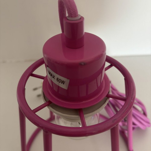 Metal ceiling pendant light in industrial cage style, fuchsia pink