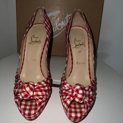 Παπούτσια Christian Louboutin μεταχειρισμένα, κόκκινο καρό ύφασμα, νούμερο 38,5, τακούνι 14cm