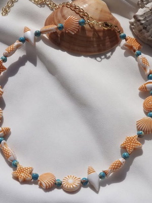 Necklace with summer beads, orange and turquoise