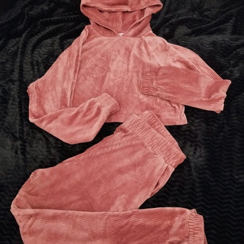 Vienetta Secret Velvet Cotle Sweatpants Set Hooded & Cropped No XL New Pink